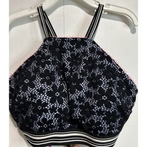 Victorias Secret Bikini Top Women Small Black Floral Lace High Neck Strappy